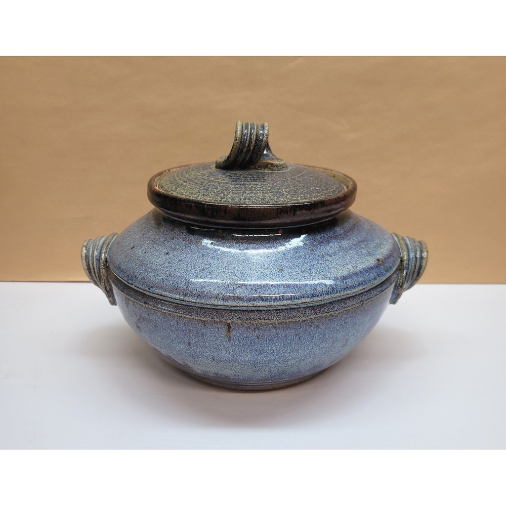 Studio Pottery Lidded Casserole Dish Blue Salt Glaze Stoneware w/Handles